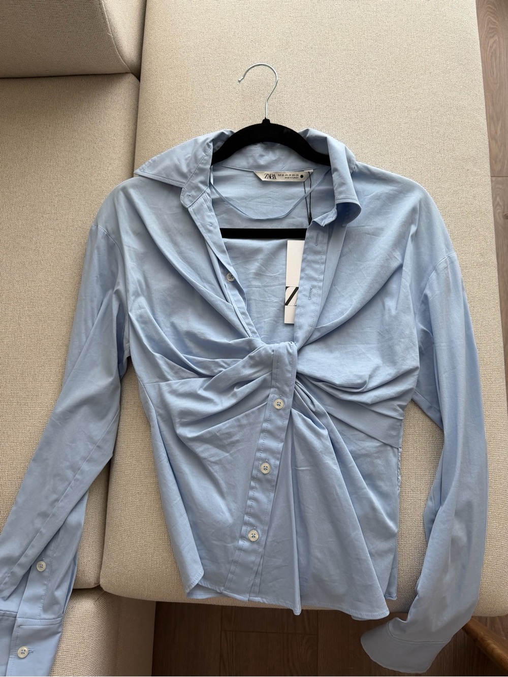 Zara Sky Blue Twist-Front Button Down Shirt